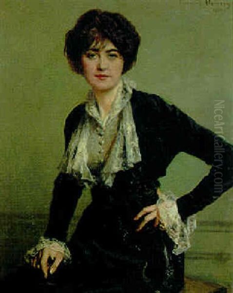 Portrait Of Marcell Praince, Wearing A Black And Lace Dress Oil Painting by Francois Flameng