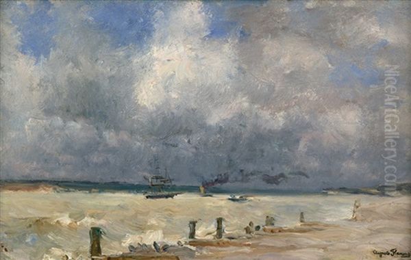 Schiffe Unter Einem Bewolktem Himmel An Der Kuste Der Normandie Oil Painting by Marie Auguste Flameng