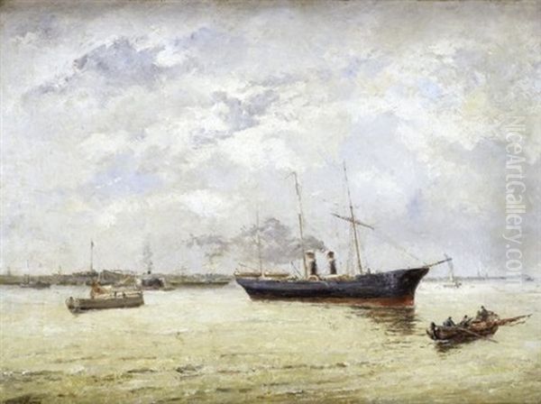 Bateau A Vapeur Au Mouillage Oil Painting by Marie Auguste Flameng