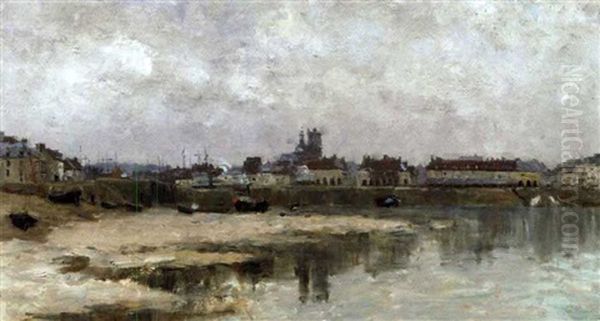 A Brittany Harbor Oil Painting by Marie Auguste Flameng