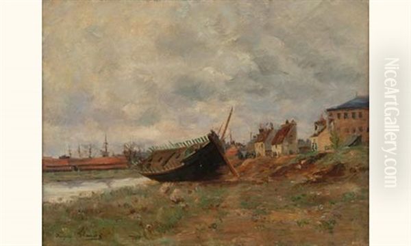 Barque Echouee, Port De Dieppe Oil Painting by Marie Auguste Flameng