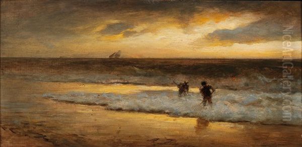 Crab Fishermen On The Beach Oil Painting by Albert Flamm