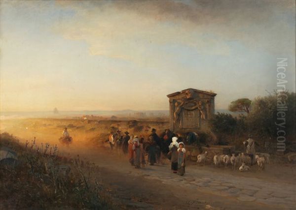 Romische Campagnalandschaft Mit Bauern Und Ziegen Am Brunnen Oil Painting by Albert Flamm