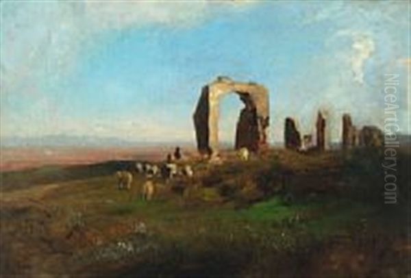 Twilight Landscape With Ruins And Grazing Sheep Oil Painting by Albert Flamm