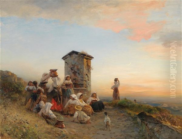 Frauen Am Brunnen In Der Campagna Romana Oil Painting by Albert Flamm