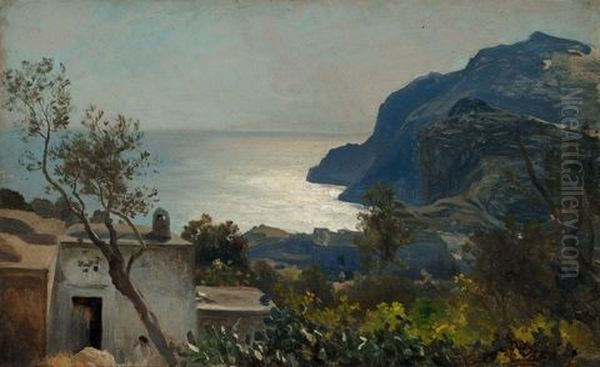 The Coast Of Capri With The Monte Solaro Oil Painting by Albert Flamm