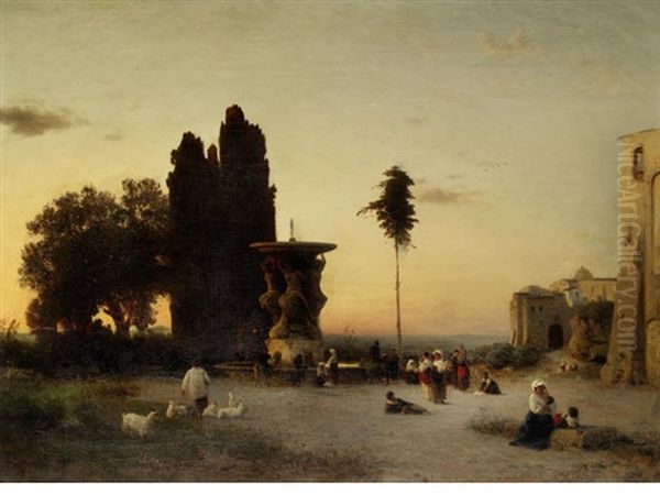 The Town Square At Twilight Oil Painting by Albert Flamm