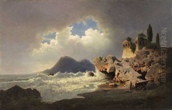 A Rocky Coastline With The Ruins Of A Fort Oil Painting by Albert Flamm