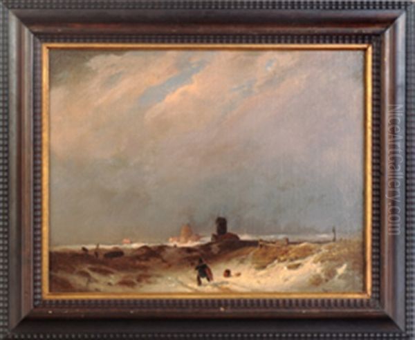 Hollandische Winterlandschaft Mit Windmuhle Und Personenstaffage Oil Painting by Albert Flamm