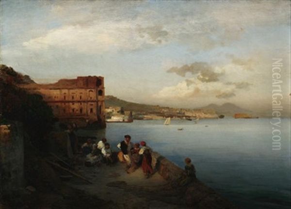 Neapel. Blick Auf Die Bucht Mit Dem Palast Der Konigin Johanna Und Den Vesuv Oil Painting by Albert Flamm