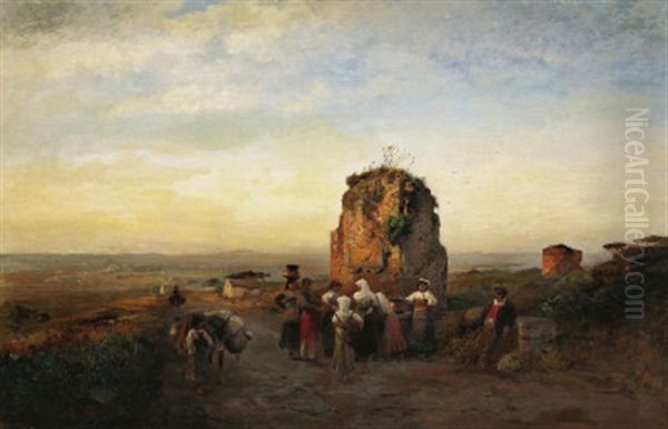 Blick In Die Weite Ebene Der Campagna Di Roma Im Abendlicht. Im Vordergrund Landvolk Bei Einem Brunnen Oil Painting by Albert Flamm