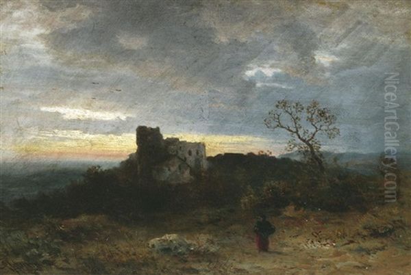 Weite Herbstlandschaft Mit Burganlage Vor Verhangenem Abendhimmel Oil Painting by Albert Flamm