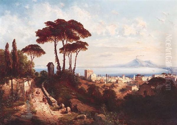 Blick Auf Castellamare Und Den Vesuv Am Golf Von Neapel Oil Painting by Albert Flamm