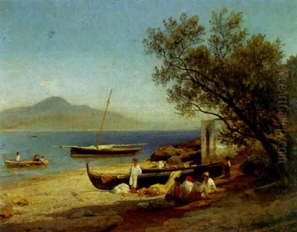 Fischer Am Strand Des Tyrrhenischen Meeres Oil Painting by Albert Flamm