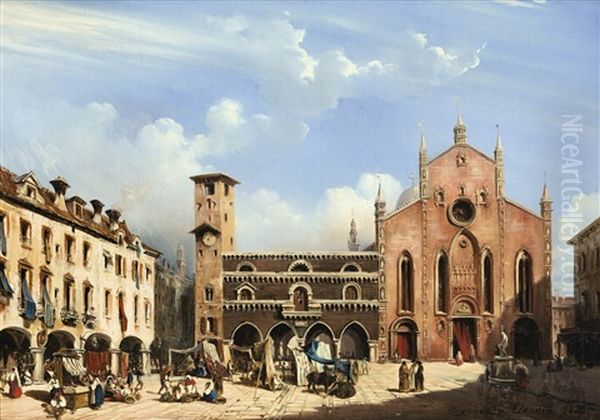 Como, View Of The Broletto And The Old Cathedral Oil Painting by Eugene Napoleon Flandin