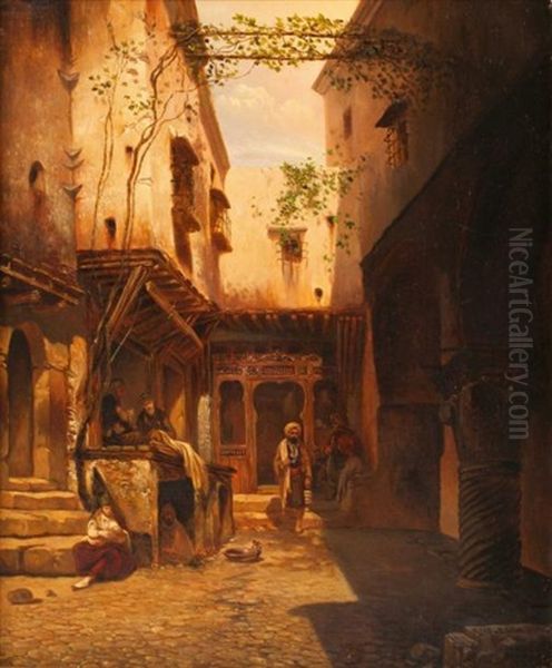 La Cour Du Cafe Maure, Alger Oil Painting by Eugene Napoleon Flandin