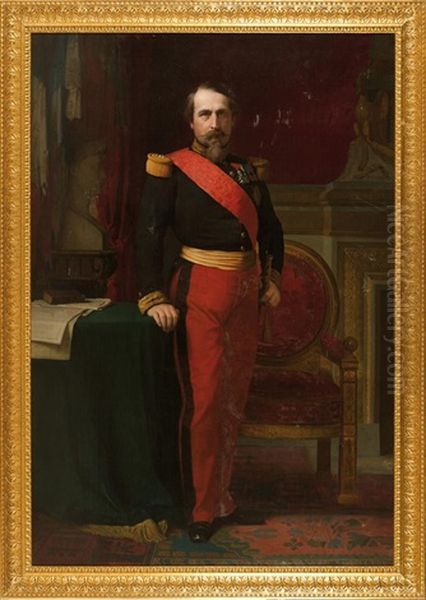 L'empereur Napoleon Iii, Empereur Des Francais En Uniforme De General De Brigade Dans Son Grand Cabinet Des Tuileries En 1861 Oil Painting by Hippolyte Jean Flandrin