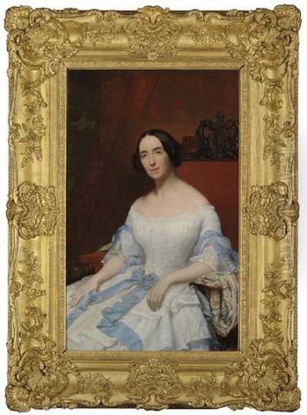 Portrait Of Helena, Baronne Fould, In A White Dress With Blue Ribbon Oil Painting by Hippolyte Jean Flandrin