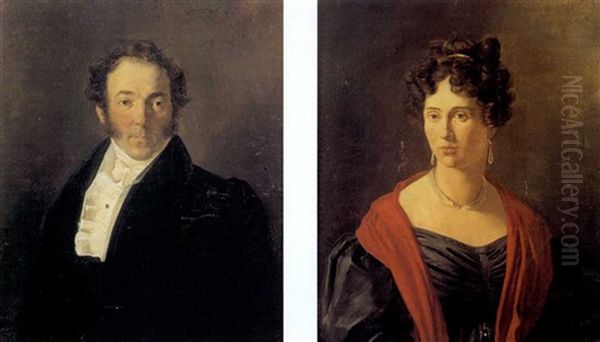 Portraits De Aubertine Salles Et De Louis Martial Salles (pair) Oil Painting by Hippolyte Jean Flandrin