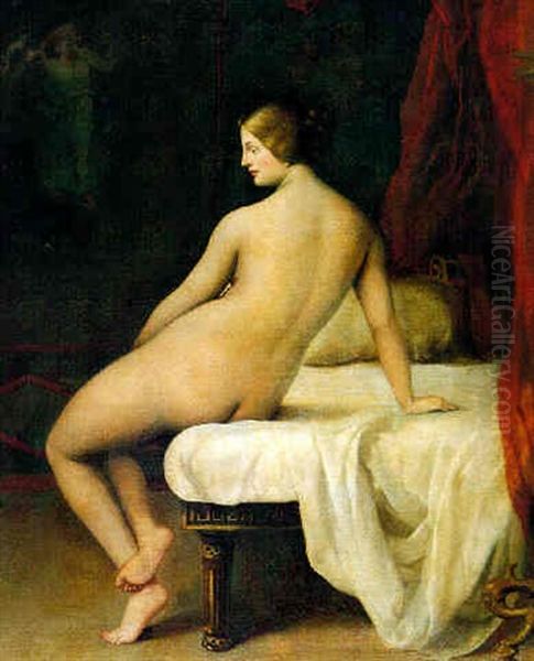 Ruckenakt Einer Auf Einem Bett Sitzenden Jungen Frau Oil Painting by Hippolyte Jean Flandrin