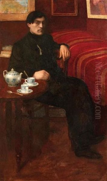 Portrait De O. Fluchaire Assis Prenant Le The, 1897 Oil Painting by Jules Leon Flandrin