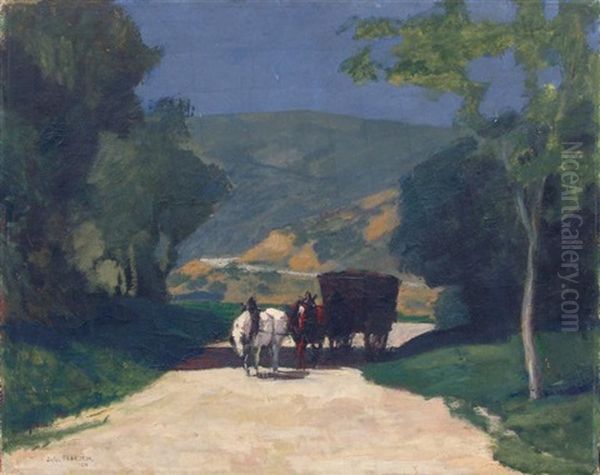 Paysage De Campagne A La Charrette De Foin Oil Painting by Jules Leon Flandrin