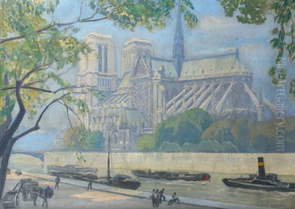 Vue De Notre Dame Oil Painting by Jules Leon Flandrin