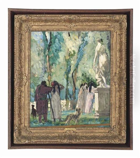 Promenading Figures In A Garden With A Sculpture Of Venus And Cupid Oil Painting by Jules Leon Flandrin