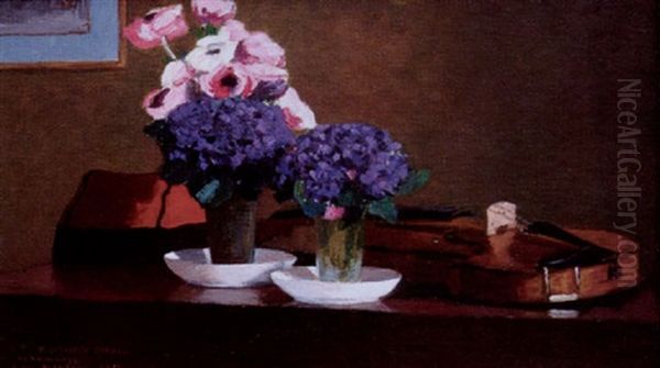 Nature Morte Aux Anemones, Pensees Et Violon Oil Painting by Jules Leon Flandrin