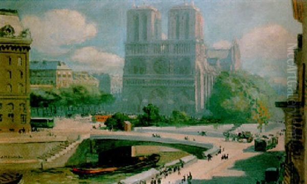 Notre-dame De Paris Et Le Petit Pont by Jules Leon Flandrin