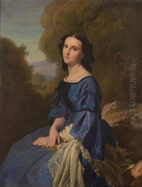 Jeune Fille A La Robe De Soie Bleue Oil Painting by Paul Jean Flandrin