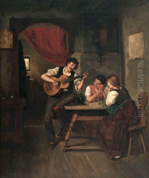 Schelmenlieder-guitarrenspieler Am Tisch Zweier Junger Damen Im Wirtshaus Oil Painting by Max Flashar