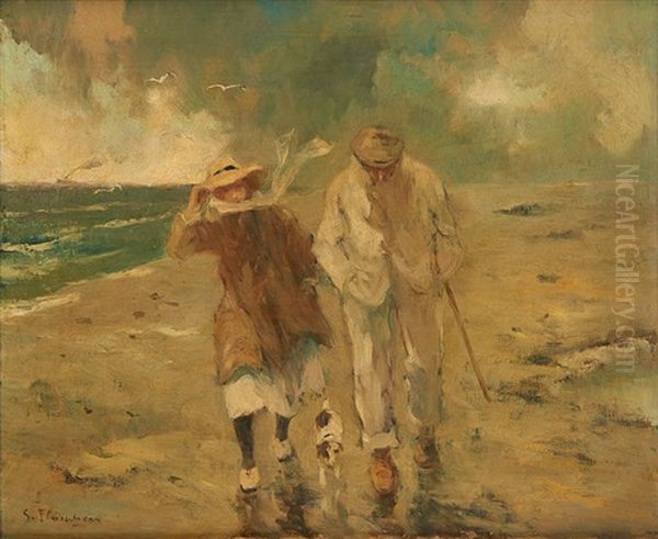 Promenade En Bord De Mer Oil Painting by Gustave Flasschoen