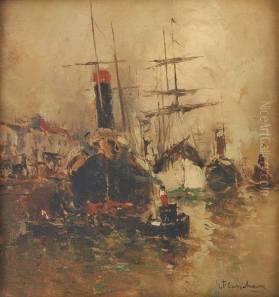 Vapeurs A Quai Oil Painting by Gustave Flasschoen