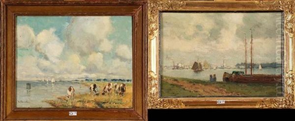 Bord De Canal Anime En Hollande (+ Vaches En Bord De Mer; 2 Works) by Gustave Flasschoen