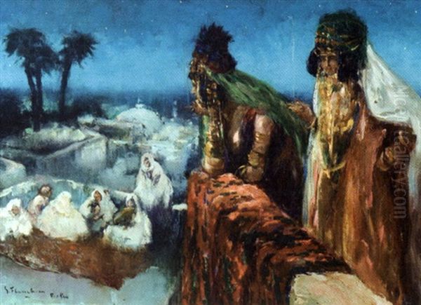 Femme Ouled Nail Sur Les Terrasses De Biskra Oil Painting by Gustave Flasschoen