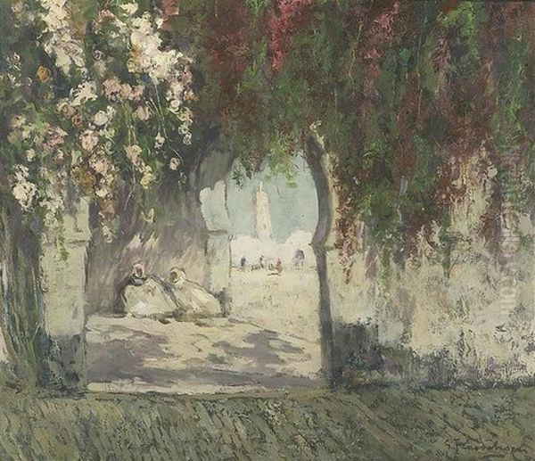 Arabes Se Reposant Dans Une Cour Fleurie Oil Painting by Gustave Flasschoen