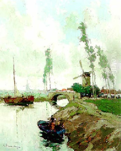 Summer: A River Landscape With A Windmill Oil Painting by Gustave Flasschoen