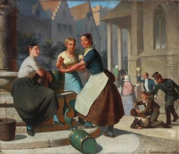 Three Young Women At The Well In The Town Square Oil Painting by Richard Edmund Flatters