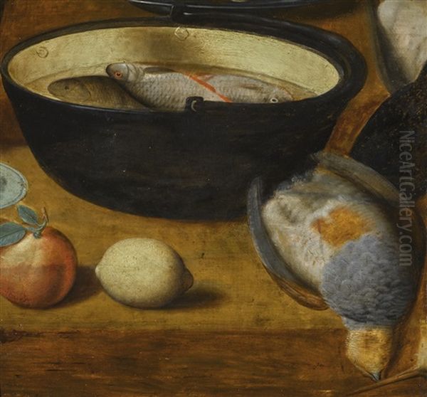 Still Life With Fresh-water Fish In A Large Pail And A Partridge Oil Painting by Georg Flegel