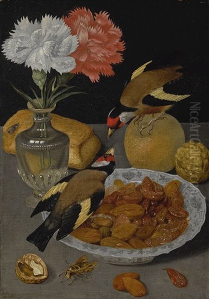 Still Life Of A Roll, Glass Vase Of Carnations, An Orange, Walnuts, And A Bowl Of Almonds With Goldfinches by Georg Flegel