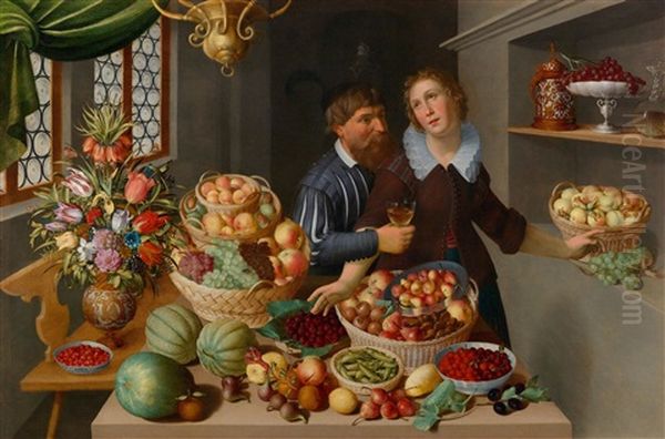 Large Still Life With Fruits, Vegetables And Flowers, Also A Couple In An Interior Oil Painting by Georg Flegel