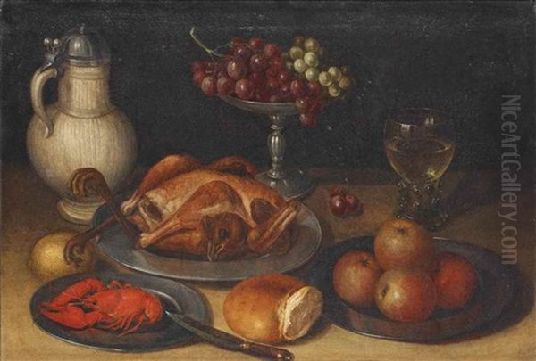 A Chicken, A Lobster, Apples And Grapes On Pewter Platters, With A Jug And A Glass Of Wine, On A Table Oil Painting by Georg Flegel