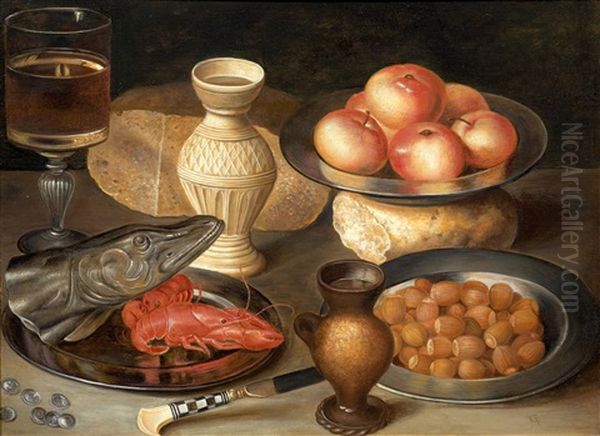 Still Life With Apples, Hazelnuts, Bread, Pike And Crayfish Oil Painting by Georg Flegel