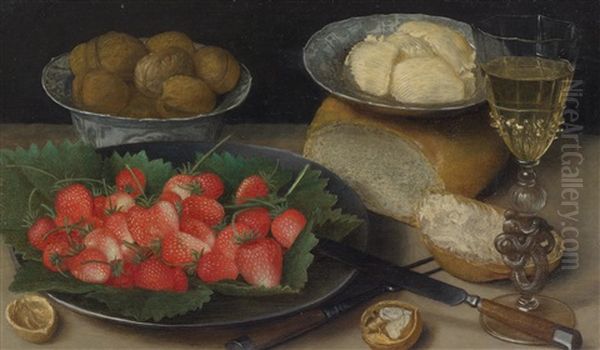 Still Life With Strawberries, Walnuts, Bread, Butter And Wine Oil Painting by Georg Flegel