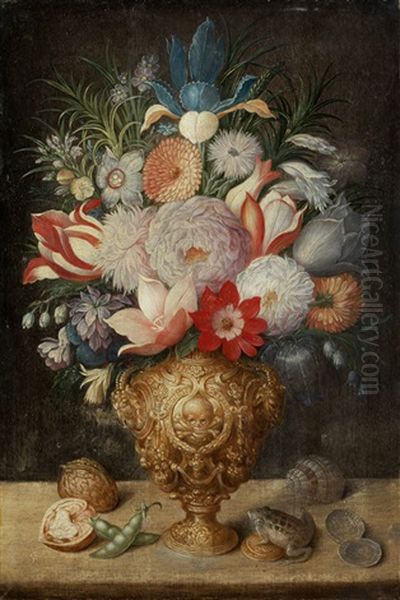 Stillleben Mit Blumenvase, Frosch, Walnussen, Muscheln Und Geldstucken, Um 1620 Oil Painting by Georg Flegel