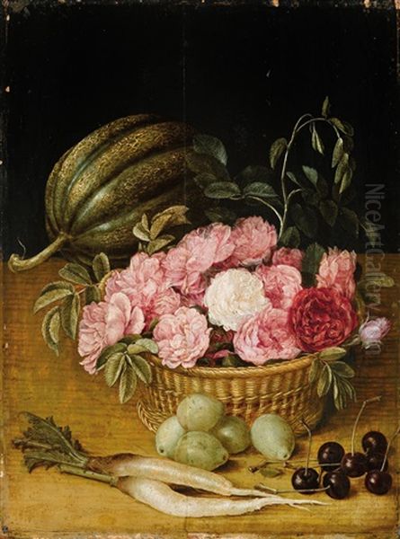 Still Life With Roses In A Basket, A Gourd, Radishes And Cherries Oil Painting by Georg Flegel