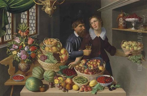 Tulips, Carnations And Other Flowers In A Vase, With Melons Strawberries, Peaches, Apples, Grapes And Other Fruit On A Table In An Interior, A Man And Woman In The Background Oil Painting by Georg Flegel