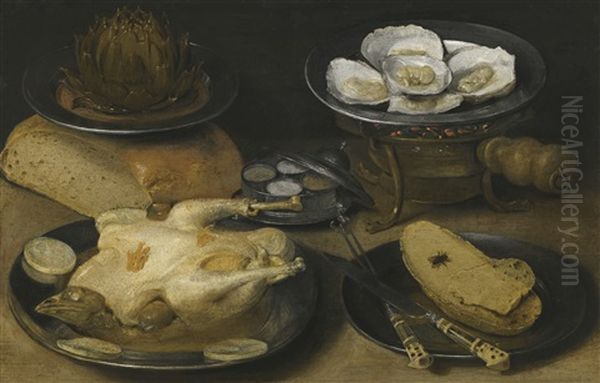 Still Life With A Dish Of Oysters Upon A Brazier, An Artichoke In A Dish Resting Upon A Loaf Of Bread, Together With A Cooked Capoon And A Knife, Fork And Slices Of Bread On Plates And A Silver Condiment Dish Upon A Table Top Oil Painting by Georg Flegel