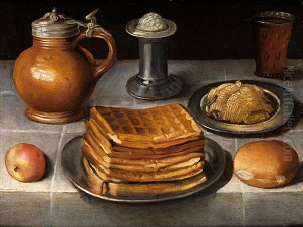 Stilleben Mit Zinntellern, Steinkrug Und Waffeln Oil Painting by Georg Flegel